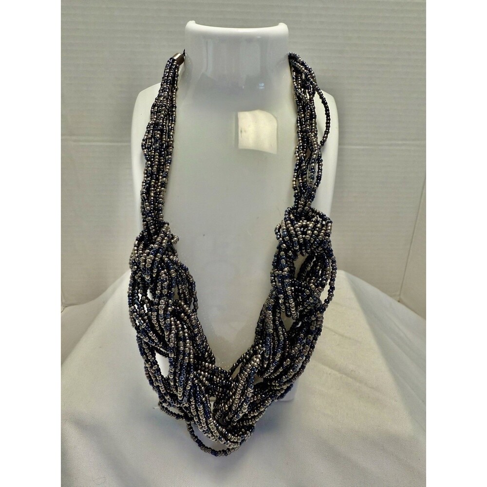 Vintage Black & Dark Blue Gunmetal metallic Seed Beaded Multi-strand Necklace